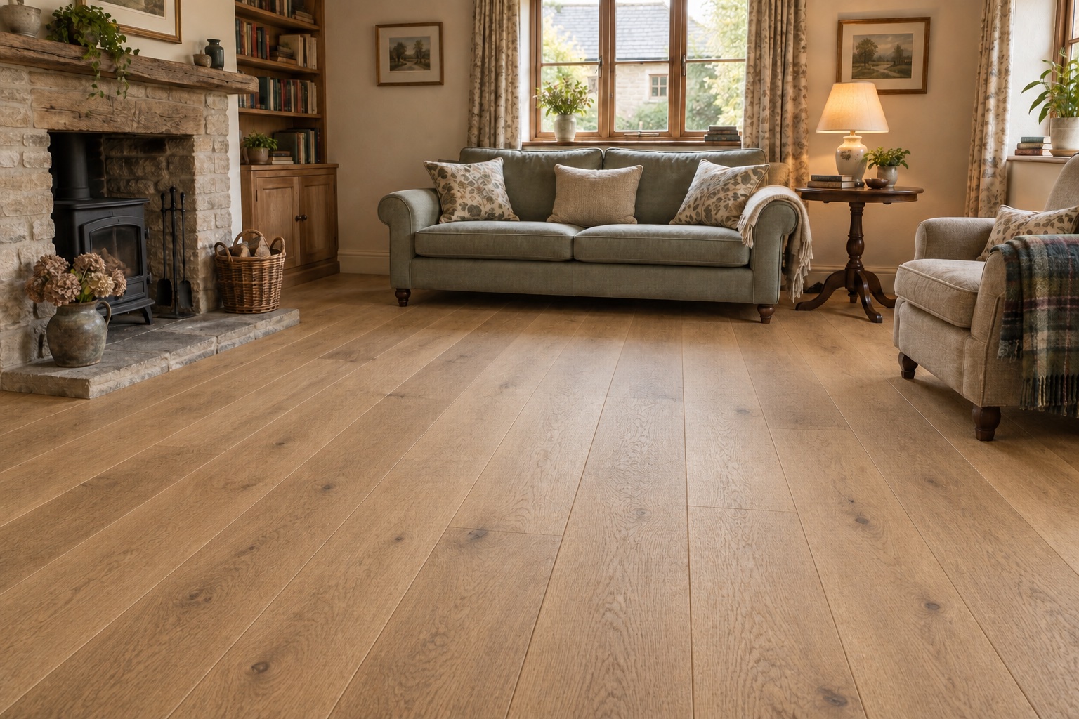 The same illustrative cottage room with natural oak flooring